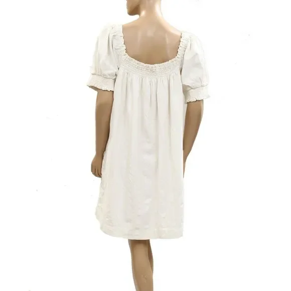 Free People Est Mila Mini Dress Smocked Puff Sleeve Shift Ivory S New 285490 - Picture 3 of 5